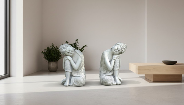 Dekoratīvā Buddha skulptūra akmens stilā. Liela skulptūra dārza figūrai.