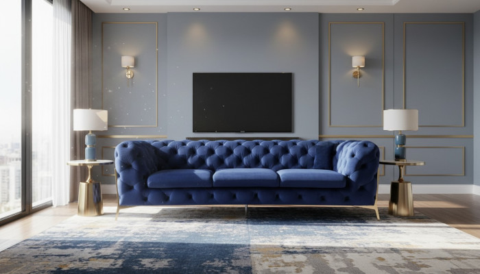 Luksusa tekstila auduma dīvāns ar polsteri un sēdvietu 3+2 Chesterfield galdauts.