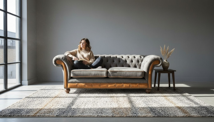 XXL Sofa 3 sēdvietu dīvāns Chesterfield polsteris komplekts natūralā ādā un audumā Jauns pelēks