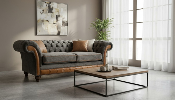 XXL Sofa 3 sēdvietu dīvāns Chesterfield polsteris komplekts natūralā ādā un audumā Jauns pelēks