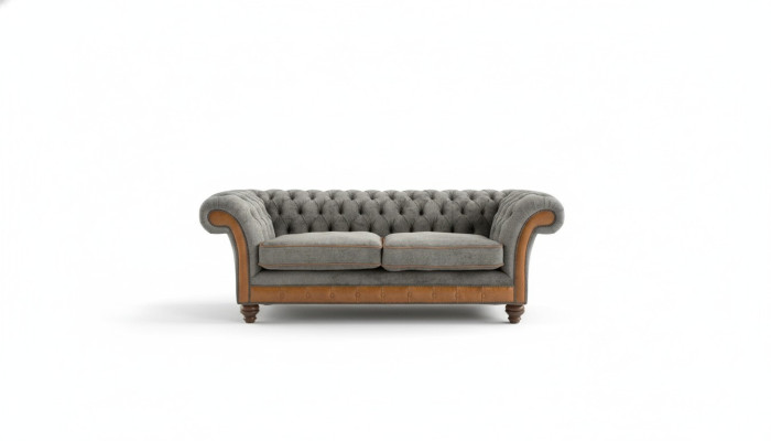 XXL Sofa 3 sēdvietu dīvāns Chesterfield polsteris komplekts natūralā ādā un audumā Jauns pelēks
