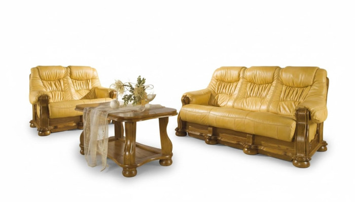 Sofas komplekts no koka un ādas 3+2+1 Klasiskais komplektēts internieru komplekts ar sēdvietām un polsterējumu.