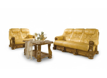 Sofas komplekts no koka un ādas 3+2+1 Klasiskais komplektēts internieru komplekts ar sēdvietām un polsterējumu.