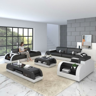 Sofas komplekts ar USB kanālu polsterētā ādas sofa 3+2+1 Klasiskais dīvāns Viltuvi.