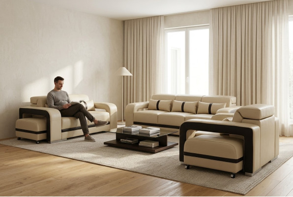 Sofa ar USB, ādas dīvāns ar polsteri komplektā 3+2+1 vieta, jauns dizains.