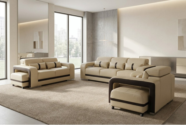 Sofa ar USB, ādas dīvāns ar polsteri komplektā 3+2+1 vieta, jauns dizains.