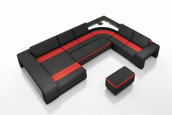 Dzīvojamā zona ar stūra dīvānu ar LED un USB, dīvāns, polsterēts dīvāns, komplekts U formā, ādas materiāls.
