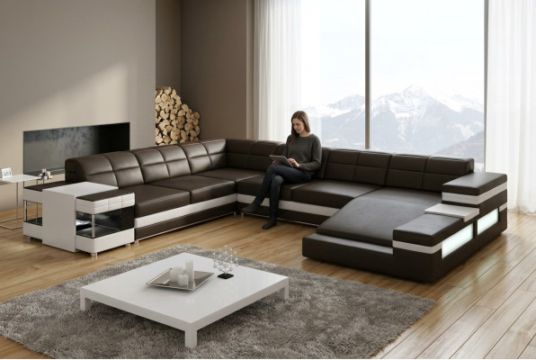 Ādas dīvāns ar LED USB dīvānu couch Polster stūra dzīvojamā aplis stūra dīvāns dizains āda