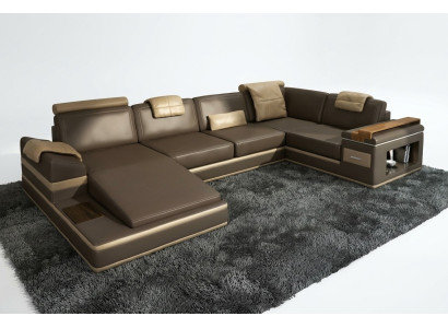 Stūra sofa ar USB + LED apgaismojumu dzīvojamo telpu formā, Polster Couch ādas un auduma pārklājums.