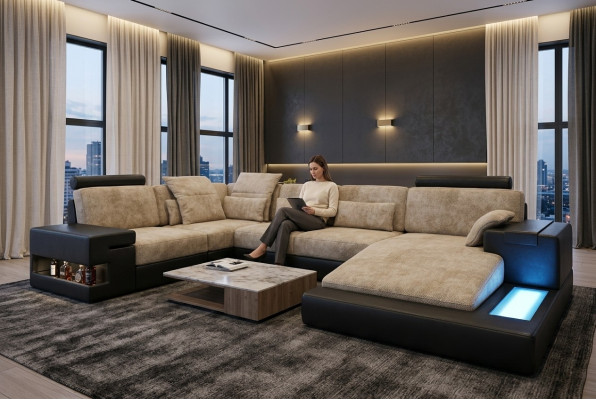 Stūra dīvāns dīvāns dzīvojamais telpa forma polster Couch ādas dīvāns audums āda USB + LED