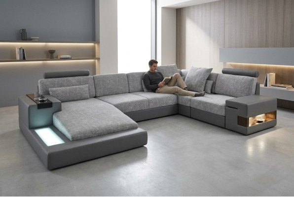 Stūra dīvāns dzīvojamā dizainā U formas ādas dīvāns dīvāns polster couch auduma āda USB + LED.
