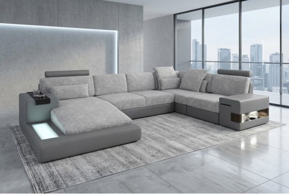 Stūra dīvāns dzīvojamā dizainā U formas ādas dīvāns dīvāns polster couch auduma āda USB + LED.