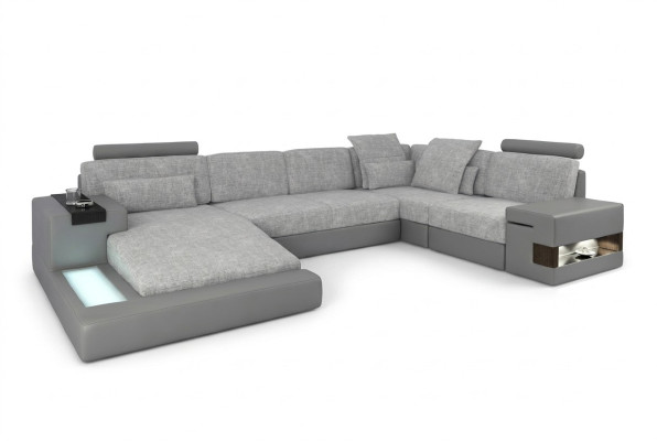 Stūra dīvāns dzīvojamā dizainā U formas ādas dīvāns dīvāns polster couch auduma āda USB + LED.