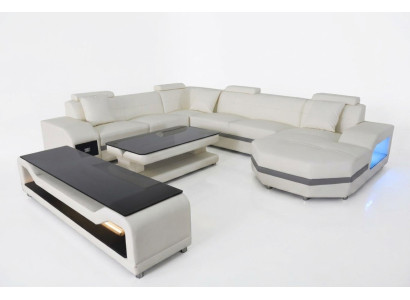 Ādas dīvāns sofa atpūtas stūrakmens sediņu komplekts dzīvojamā istaba U formas dīvāns + USB