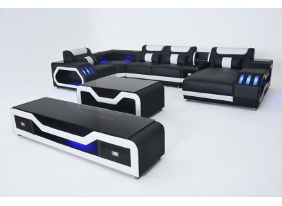 Ādas dīvāni stūra iekārtojumā dizaina dīvāns dzīvojamās mājas ainava + dīvāns galds + RTV USB jauns