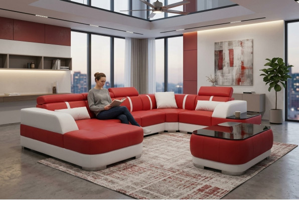 Dizaina stūrveida sofa no ādas ar polsterējumu un USB savienojumu.