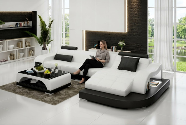 Ādas dīvāns ar USB savienojumu dzīvojamājai telpai, stūra dīvāns, moderns dizains, G8009D sofa.