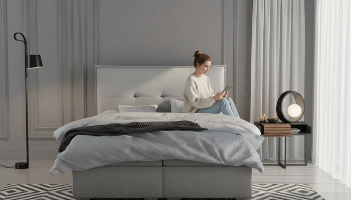 Boxspring gulta viesnīcai divvietīga tekstila grijs luksusa gultas polsterētais gultas kastes funkcija