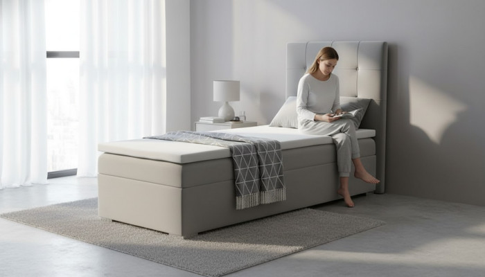 Luksusa Boxspring gulta viesnīcas gultas mēbeles ar polsterējumu un gultas kasti, 90x200 cm, pelēks, jauns