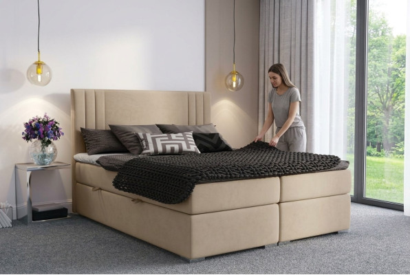 Boxspring gulta viesnīcai divguļamā beige tekstila luksusa gultas polsteris funkcija