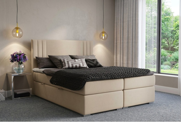 Boxspring gulta viesnīcai divguļamā beige tekstila luksusa gultas polsteris funkcija