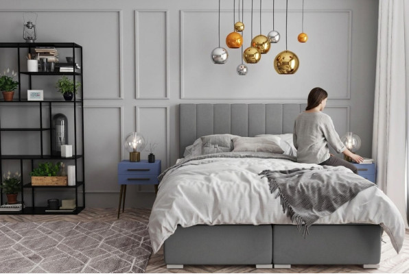 Boxspring gulta viesnīcas divguļamā gulta dizaina apmetuma kastes funkcija pelēka