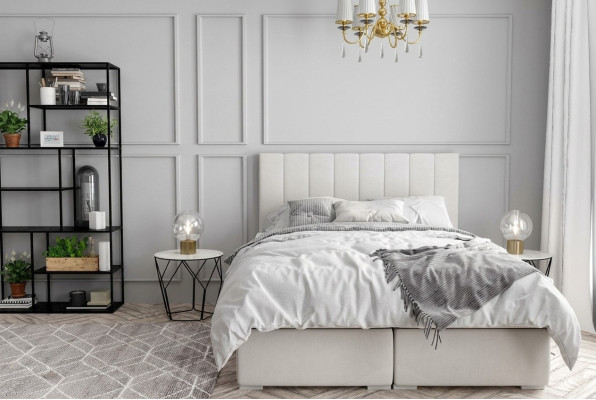 Boxspring gulta viesnīcai Dubultā luksusa gultas atslēga ar polsteriem un funkciju Beža krāsā, jauna