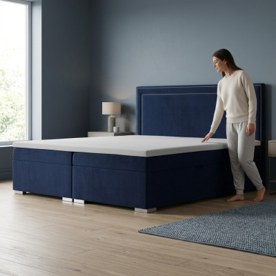 Boxspring gulta viesnīcai, divguļamā dizaina gultas, luksusa pārvalka kastes funkcija, zila jauna.