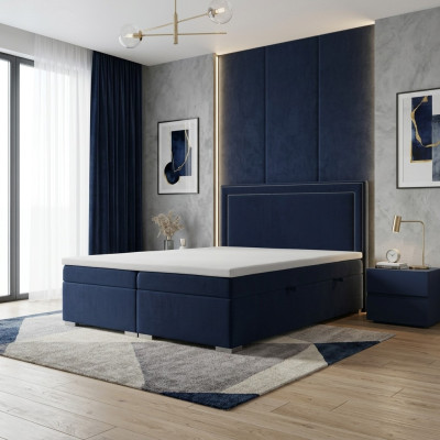 Boxspring gulta viesnīcai, divguļamā dizaina gultas, luksusa pārvalka kastes funkcija, zila jauna.