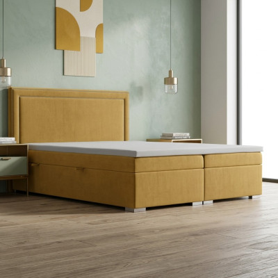 Boxspring dizaina gulta viesnīcai divguļamām gultām ar luksusa polsteri un dzelzsīpu funkciju dzeltenā krāsā.