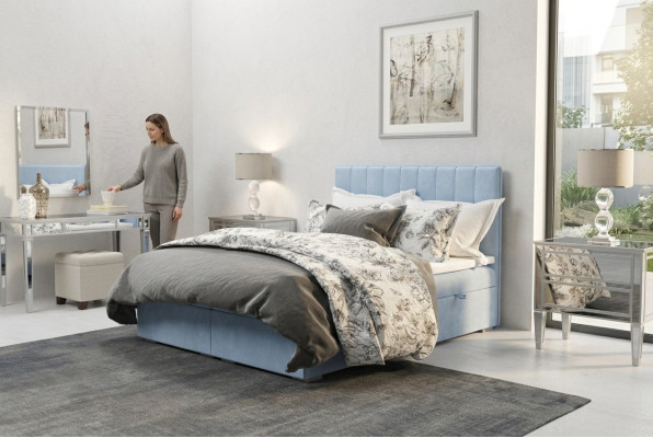 Boxspring gulta viesnīca divstāvu zila samta luksusa gulta ar polsterētu gultas kasti 180x200.