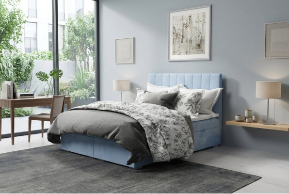 Boxspring gulta viesnīca divstāvu zila samta luksusa gulta ar polsterētu gultas kasti 180x200.