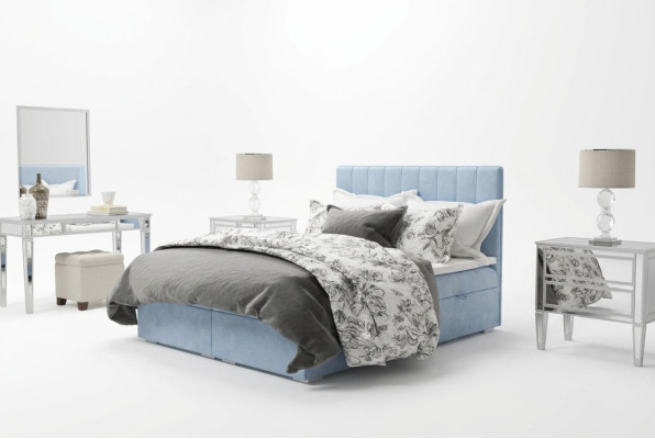 Boxspring gulta viesnīca divstāvu zila samta luksusa gulta ar polsterētu gultas kasti 180x200.