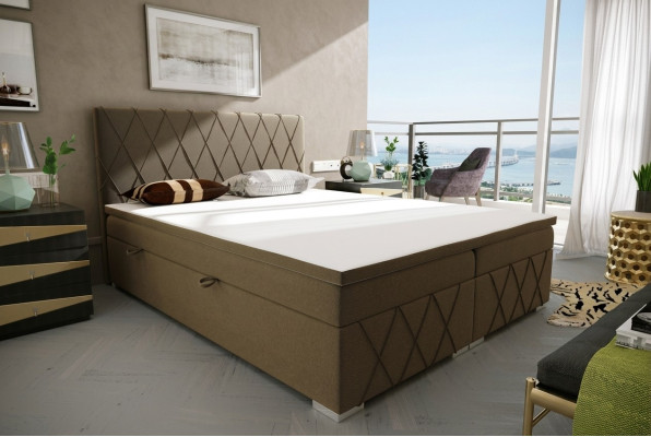 Boxspring gulta viesnīcai, divvietīga, samta luksusa gultas apvalks, brūns.
