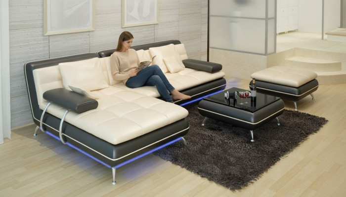 Ādas dīvāns ar USB pieslēgvietni Dzīvojamais stūra dīvāns Stūra dīvāns dizains Moderns dīvāns F3015