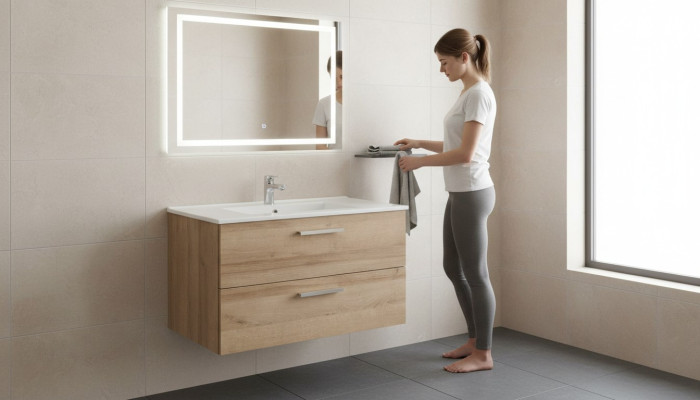Mēbeļu komplekts vannasistabai 80 cm izmērā ar mūsdienīgu apakšskapi un dekoratīvu mazgāšanas kumodiņu.