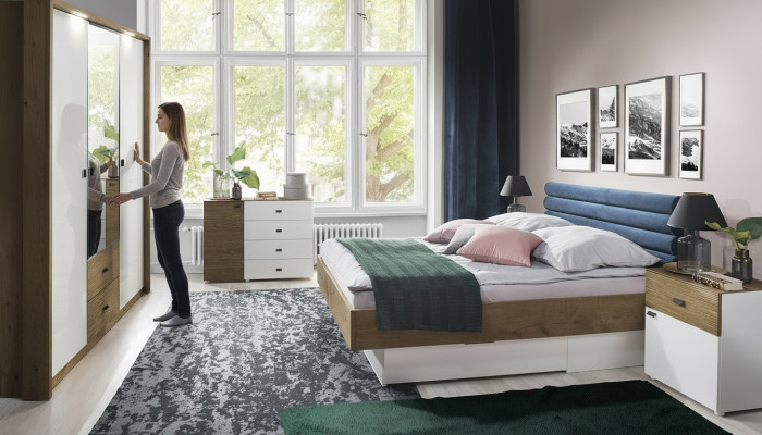 Dizaina guļamistabas 5 daļu komplekts, gulta, naktskabe, komoda, skapis