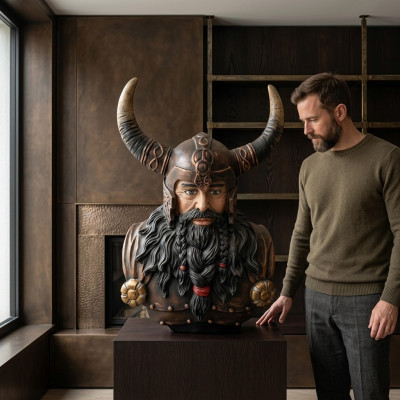 Biedējošā kareivju biste ar 70 cm garajiem ragiem vikingu laikmeta statujas figūras.
