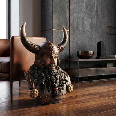 Biedējošā kareivju biste ar 70 cm garajiem ragiem vikingu laikmeta statujas figūras.