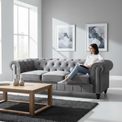 Velkamā sofa Chesterfield no auduma un ādas ar 3 sēdvietām un polsterējumu.