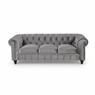 Velkamā sofa Chesterfield no auduma un ādas ar 3 sēdvietām un polsterējumu.