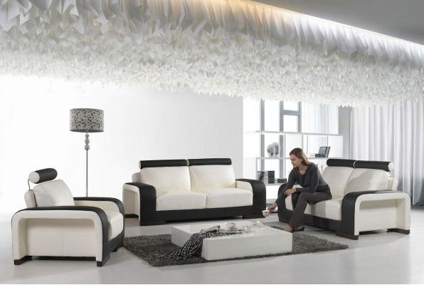 Sofas komplekts dizaina dīvānu polsteru derībām ar ādas 3+2+1 sēdvietām.