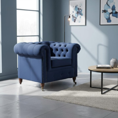 Dizainera krēsls 1 vieta Zils āda Tekstils Luksusa kluba atpūtas sofa Česterfīldā.