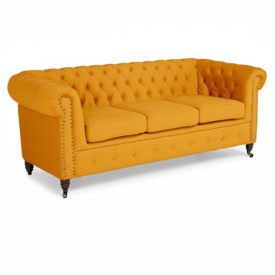 Klasiskā Chesterfield mēbeļu trīsvietīgā sofa tekstila dīvāns izsmalcinātā oranžā dizainā
