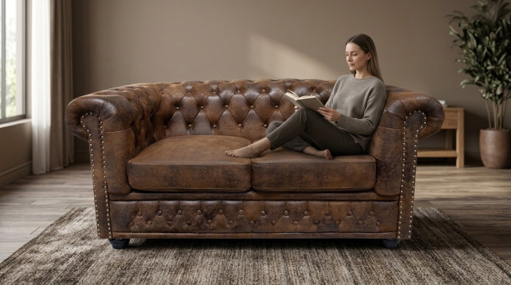 Chesterfield Tekstila Sofas Ģērbts 2 personas auduma dīvāns Dīvāni Brūni divvietīgi.