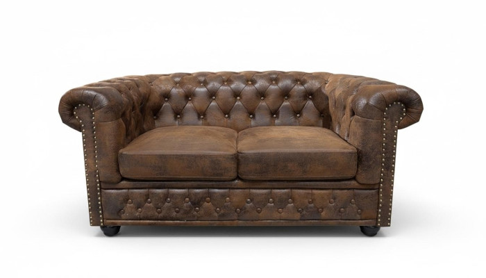 Chesterfield Tekstila Sofas Ģērbts 2 personas auduma dīvāns Dīvāni Brūni divvietīgi.