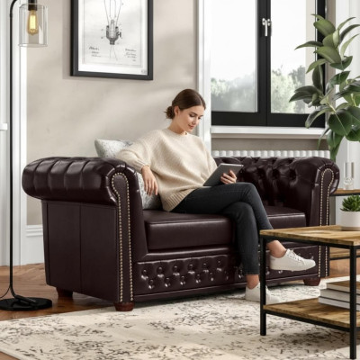Dizaina dīvāns 2 sēdvietu dīvāns Chesterfield mēbeles atjaunots no ādas un tekstila