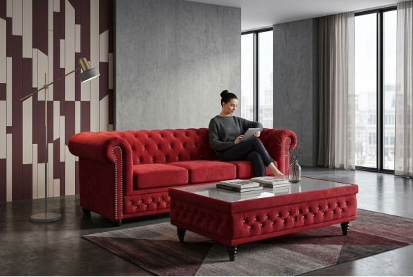 Chesterfield auduma dīvāns ar diviem sēdvietām, sarkanā krāsā