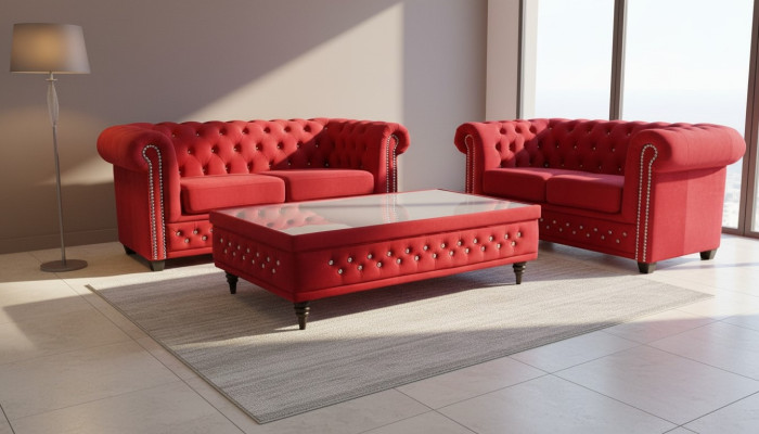 Chesterfield auduma dīvāns ar diviem sēdvietām, sarkanā krāsā
