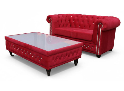 Chesterfield auduma dīvāns ar diviem sēdvietām, sarkanā krāsā